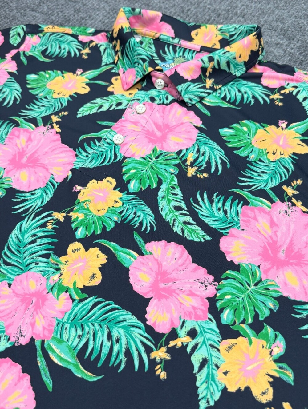 Chubbies Performance Polo Shirt Mens Large Hawaiian Tropical Floral Colorful AOP